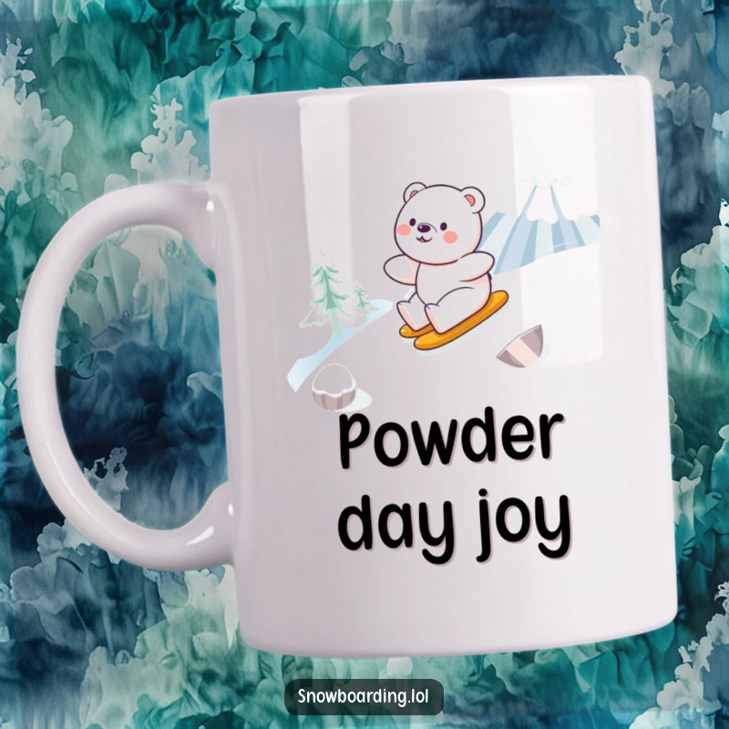Funny mug featuring a happy bear smoothly gliding down a snowy mountain on a snowboard, radiating pure winter joy.
