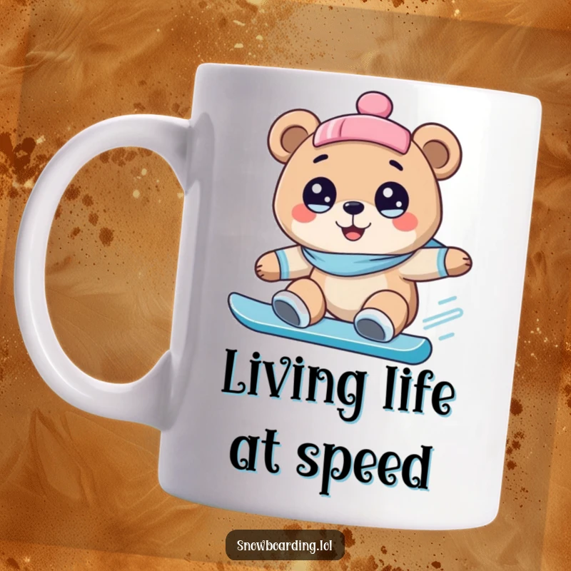 Funny mug featuring a happy bear with wide eyes, joyfully snowboarding downhill with an expression of pure, funny excitement.