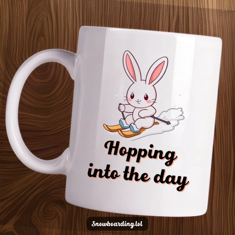 Funny mug featuring a cheerful bunny expertly carving down a snowy slope on a snowboard with a happy, funny expression.