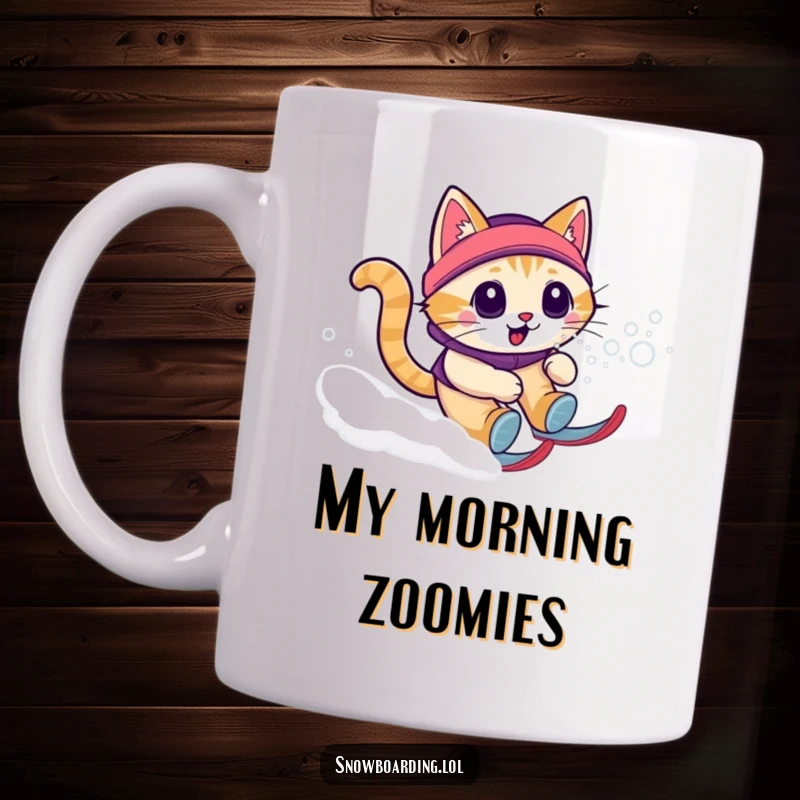 Funny cat snow zoomie mug showing a joyful cat speeding downhill, kicking up snow with a determined and happy expression.