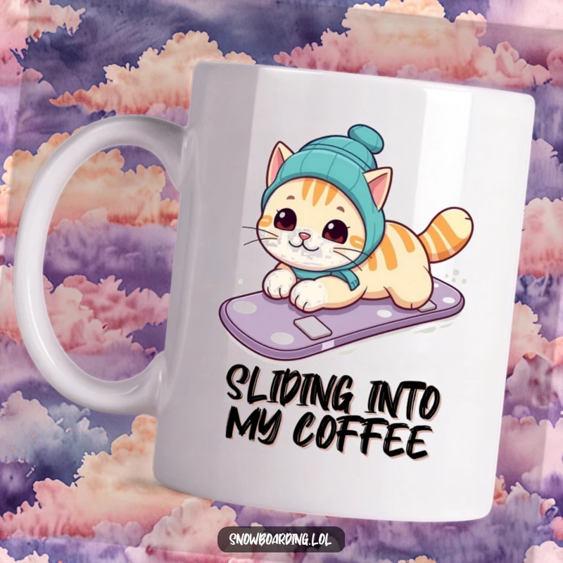 Funny mug featuring a curious cat sliding on its belly down a snowy slope on a snowboard with a determined, funny expression.