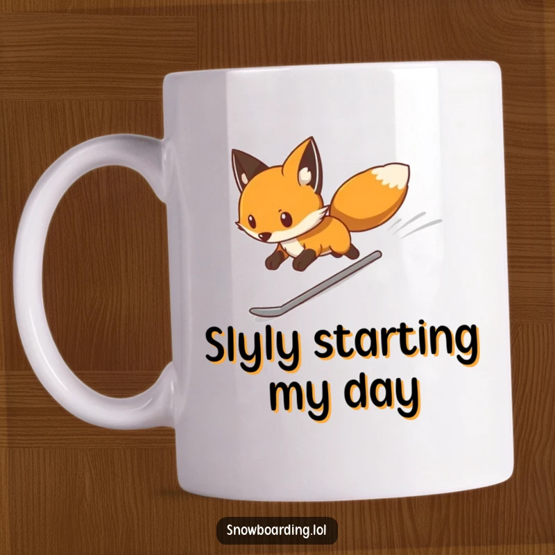 Funny mug featuring a determined fox gliding swiftly down a white snowy slope on a snowboard, embodying focus and speed.