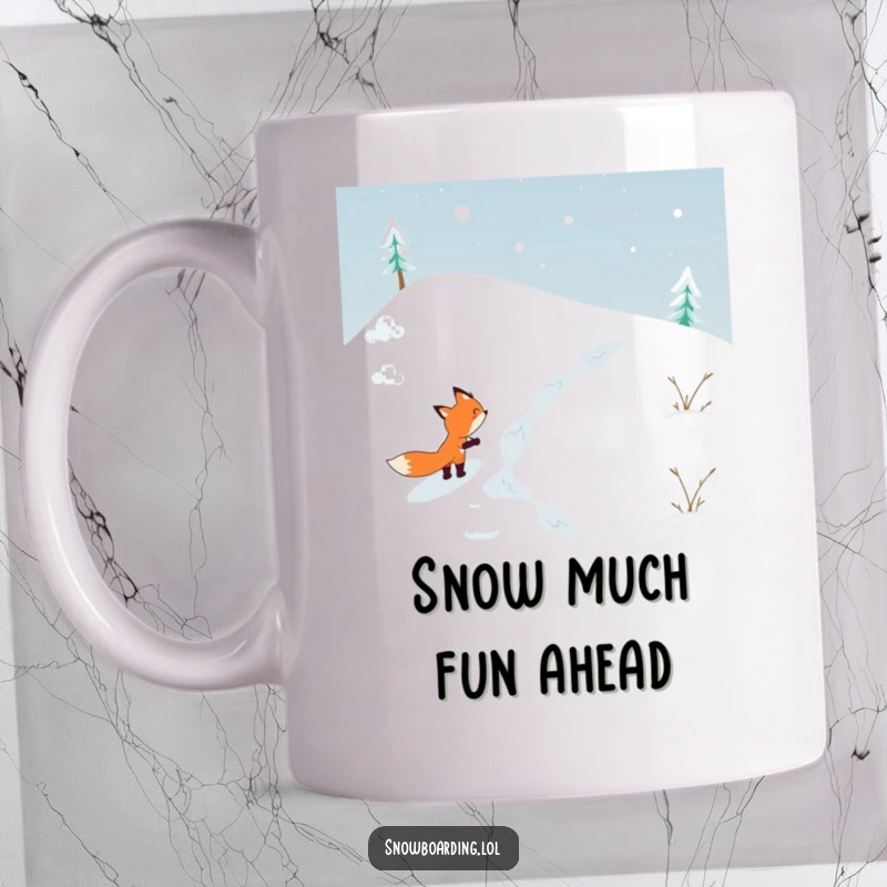 Funny mug showing a determined fox expertly skiing down a steep snowy hill, embodying adventurous spirit and winter fun.