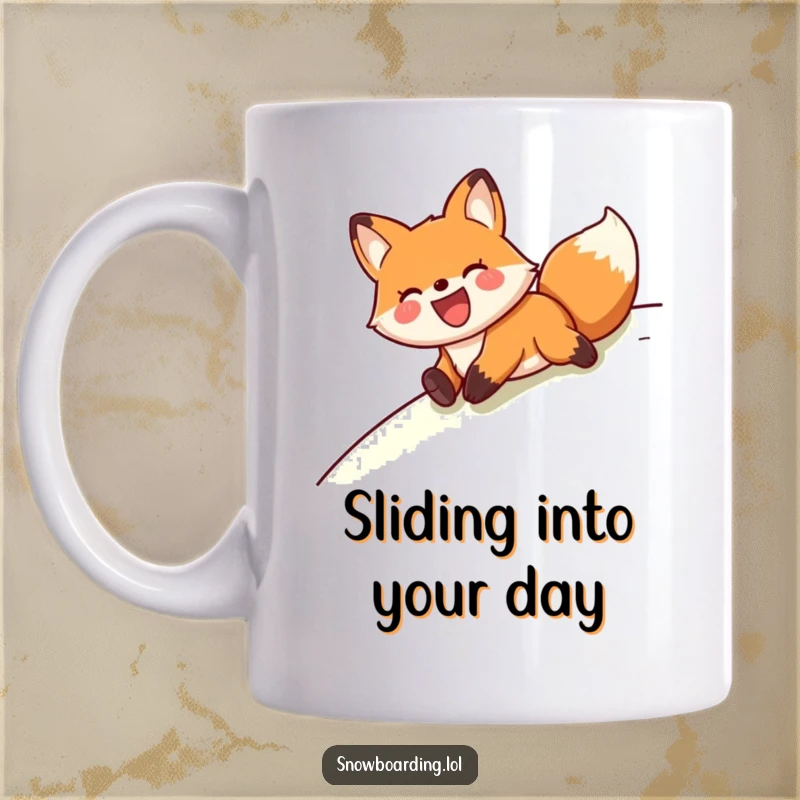 Funny joyful fox sliding on its belly down a snowy slope, depicted on a mug.