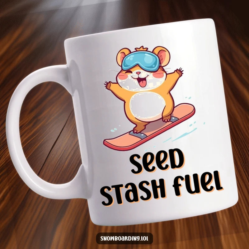 Funny giggling hamster joyfully jumping on a snowboard, conveying pure winter exhilaration and cuteness for coffee lovers.