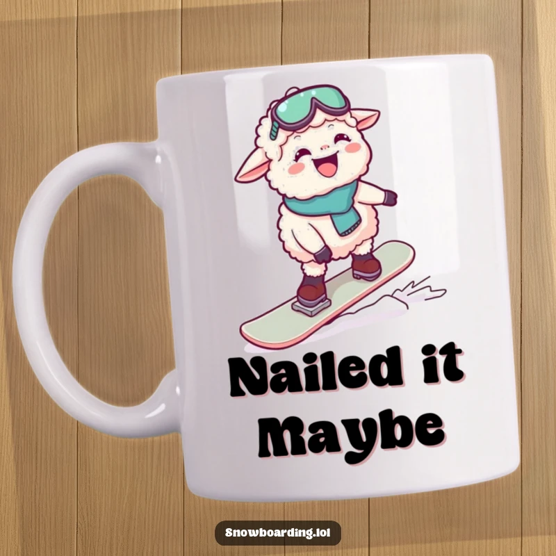 Funny mug with a giggling sheep hilariously attempting to balance precariously on a snowboard, mid-fall. Perfect for winter sports fans.