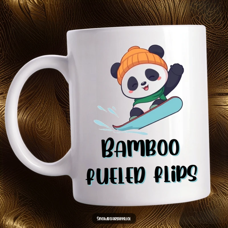 Funny panda snowboard mug showing a determined panda mid-air attempting a tricky flip with a determined look, perfect for winter sports fans.