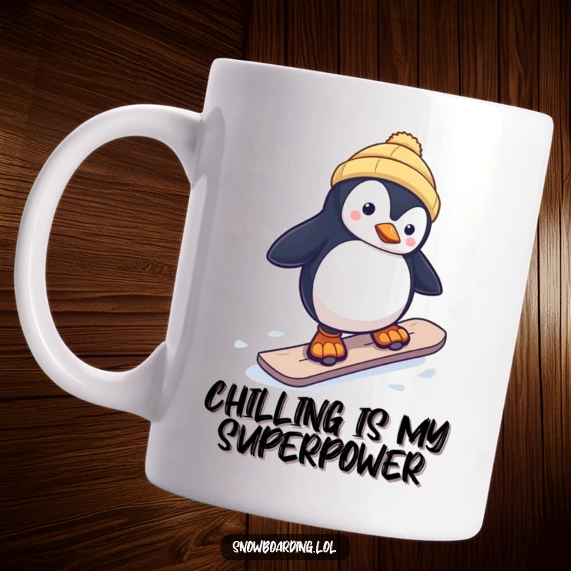Funny mug showing a curious penguin wobbling on a snowboard, capturing a moment of icy, humorous determination.