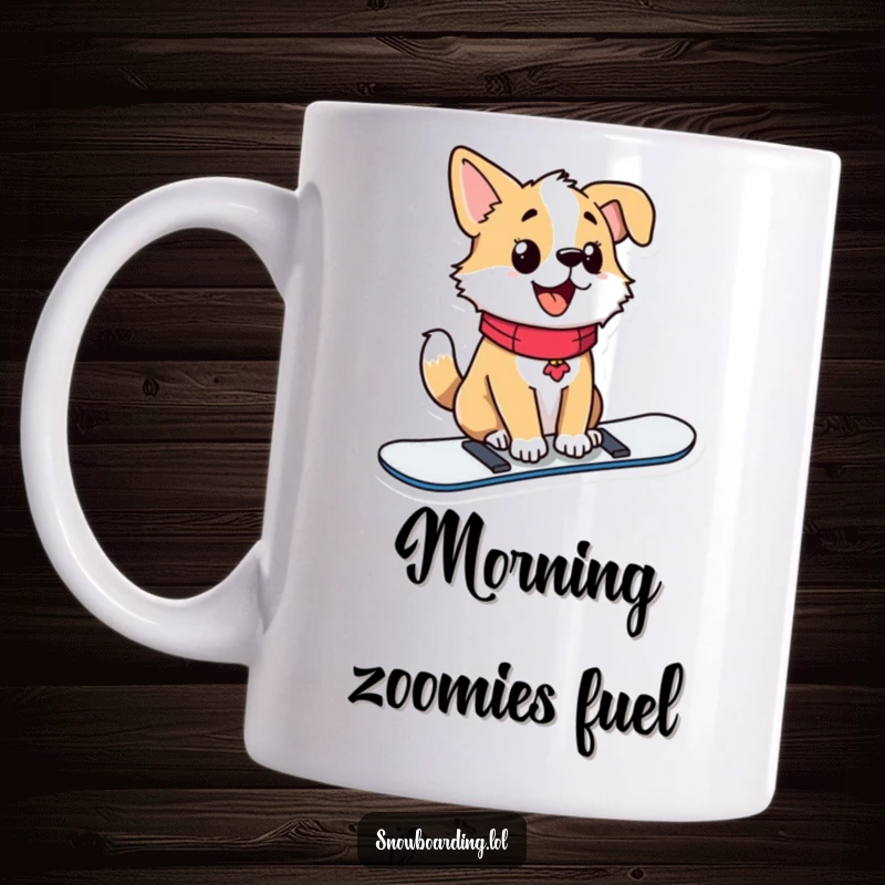 Funny mug featuring a proud dog sitting upright on a snowboard, its tail wagging with sheer delight.