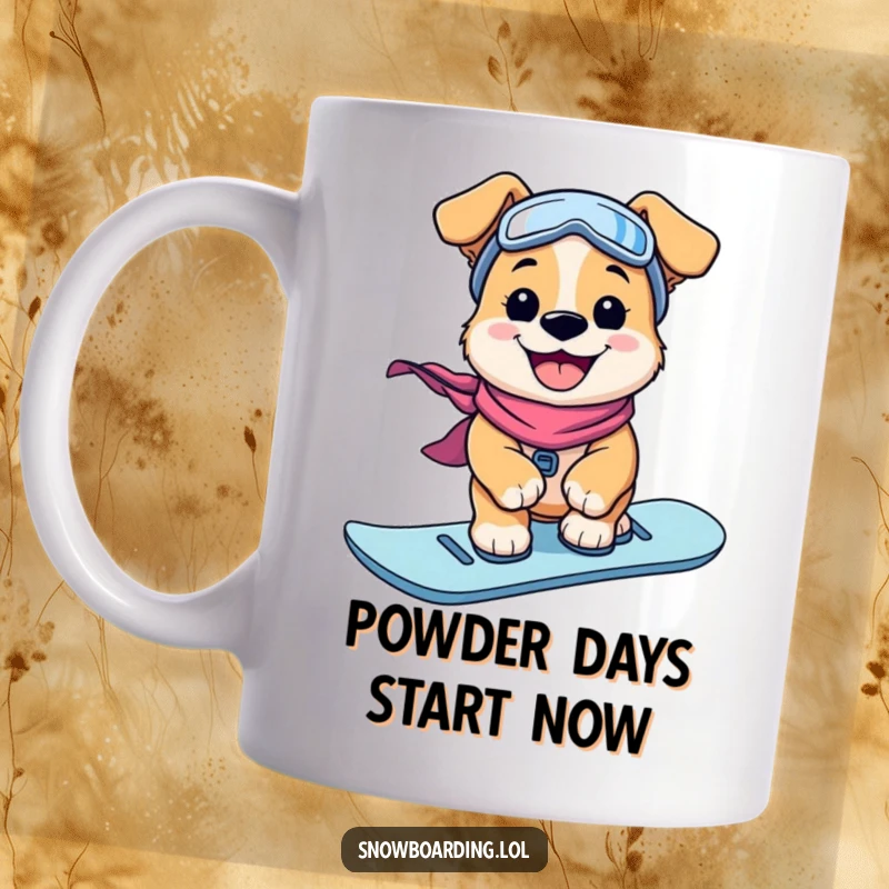 Funny Mug: A joyful puppy with a huge grin surfs a snowboard down a snowy slope, embodying pure winter fun.