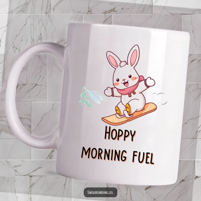Funny rabbit snowboarder mug, a cheerful rabbit speeding down a snowy mountain on a snowboard with a happy expression.