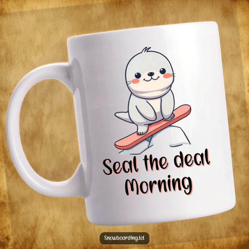 Funny seal wearing a tiny helmet, wobbling on a snowboard, ready for a hilarious wipeout, perfect gift.