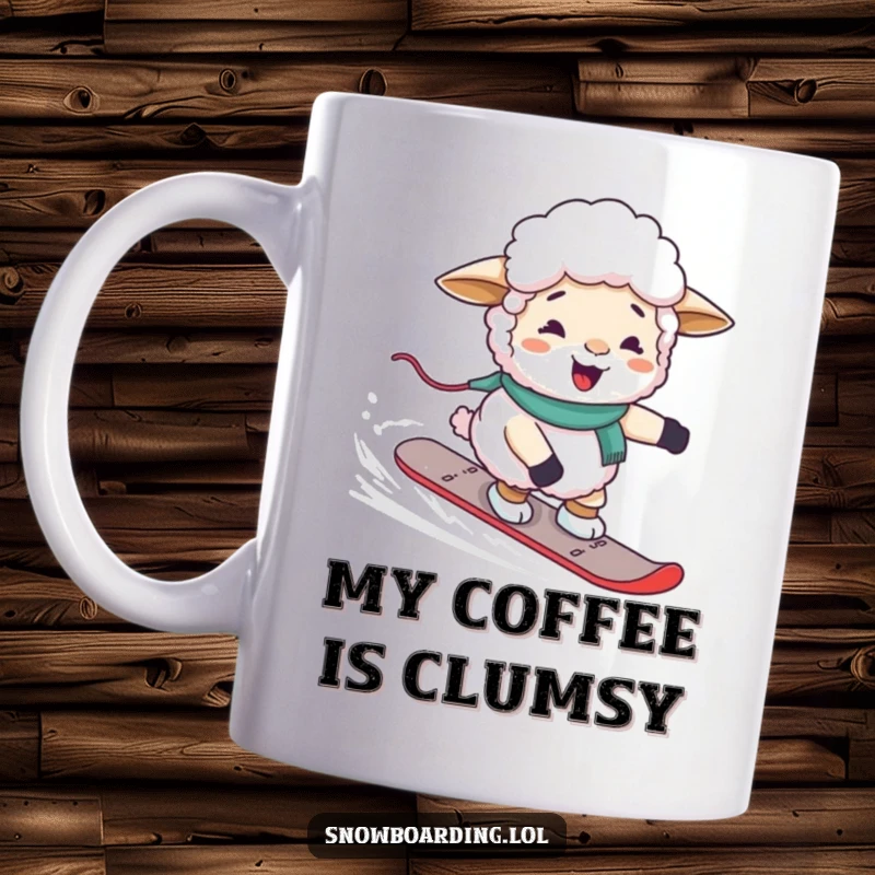 Funny giggling sheep awkwardly steering a snowboard down a slope, depicted on a mug.