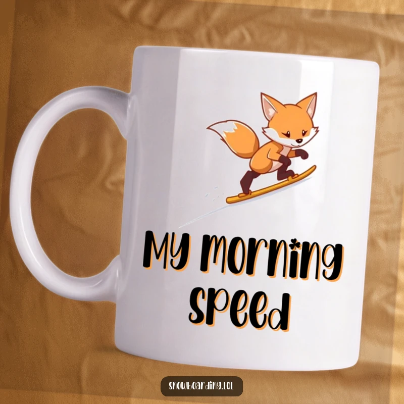 Funny skiing fox mug, determinedly snowboarding down a snowy mountain slope with a focused expression, ready for adventure.
