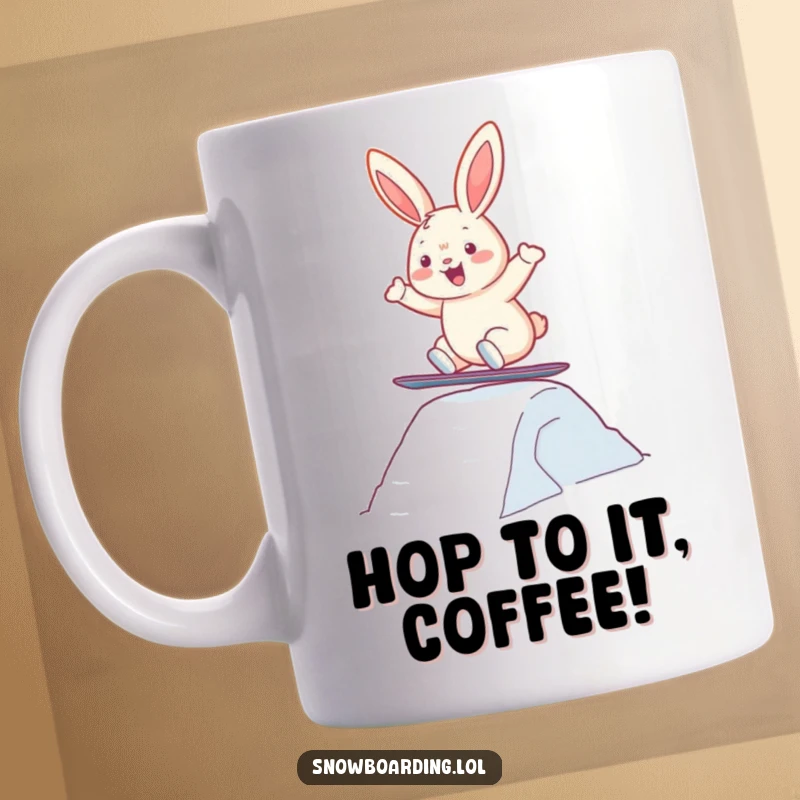 Funny mug featuring a cheerful bunny humorously snowboarding and leaping over a small snow jump, radiating winter joy.