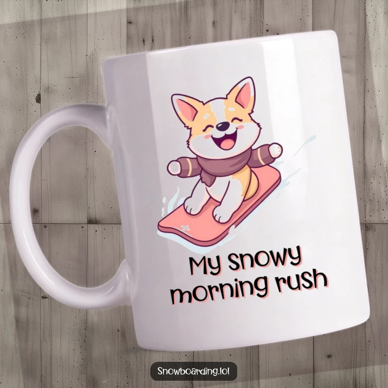 Funny mug featuring a happy dog gleefully snowboarding down a snowy slope, embodying winter joy and playful adventure.