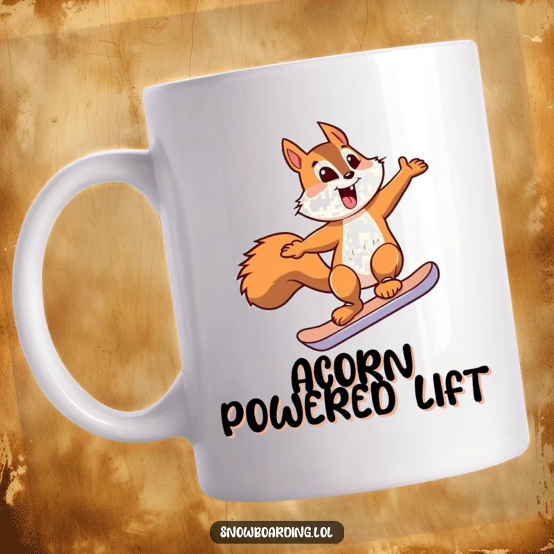 Funny squirrel snowboard mug showing an energetic squirrel mid-jump on a tiny snowboard, showcasing winter sports fun.