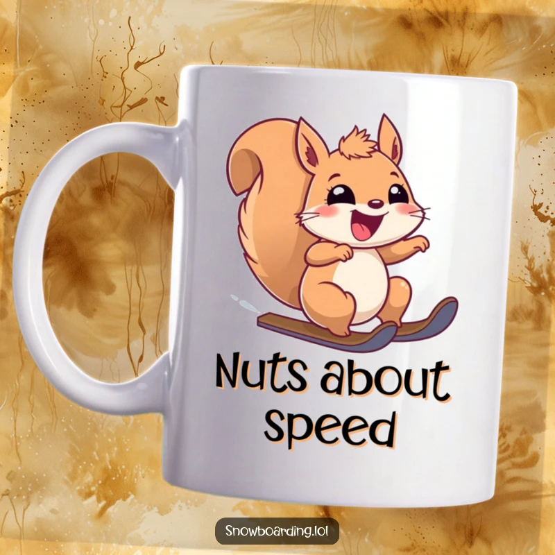 Funny mug with a joyful squirrel in mid-air, looking ecstatic while speeding downhill on an unseen surface. Great for nature lovers.