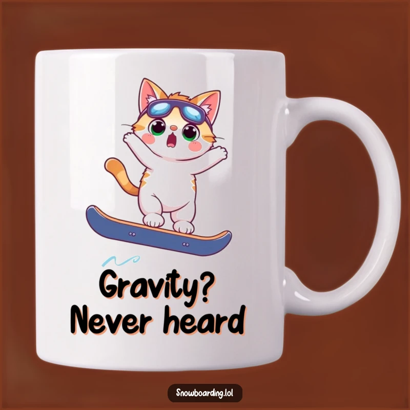 Funny Surprised Cat Snowboarder Mug: Hilarious Winter Sports Gift for Cat Lovers