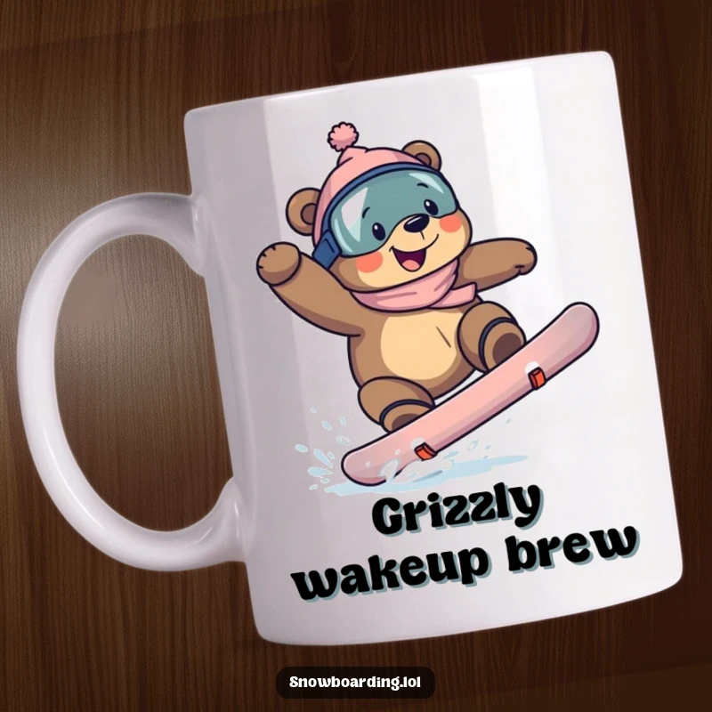 Funny bear snowboarder mug, a determined bear landing a trick with a huge grin, showcasing extreme winter sports skill.