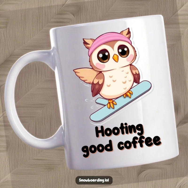 Funny mug featuring a beaming owl with wide eyes, joyfully sliding downhill on a snowboard, full of excitement and speed.
