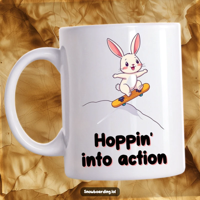 Funny mug featuring a bouncing bunny precariously riding a board downhill, capturing a moment of chaotic, adorable fun.