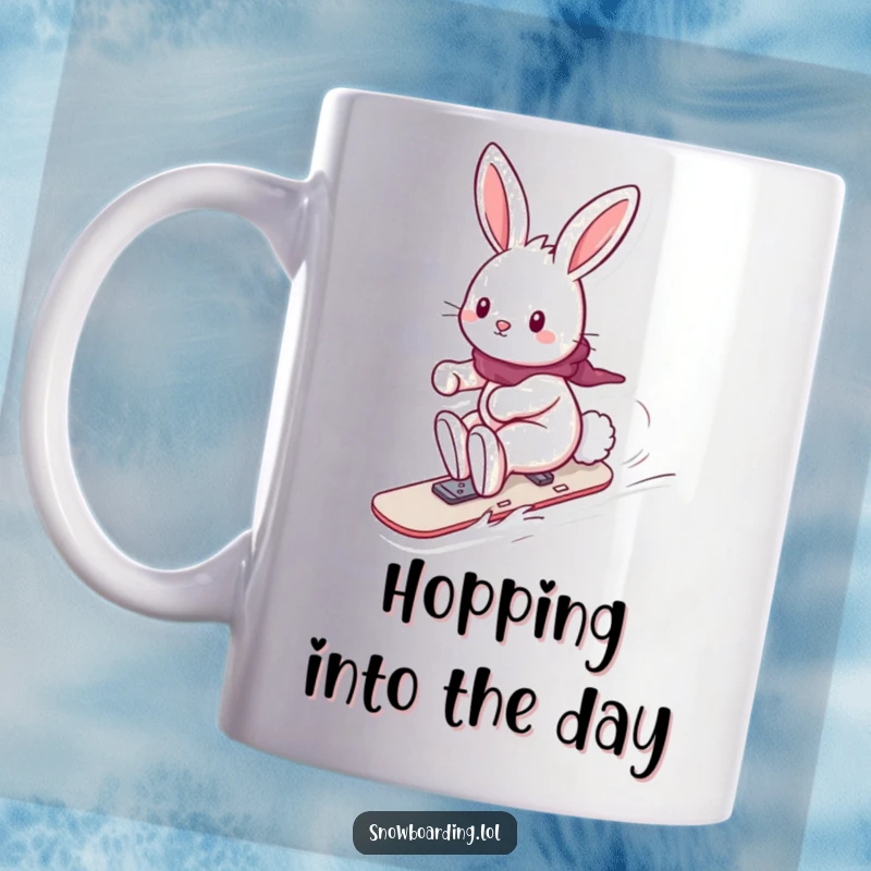 Funny mug featuring a playful bunny joyfully riding a snowboard with its fluffy tail trailing, a cute and humorous winter scene.