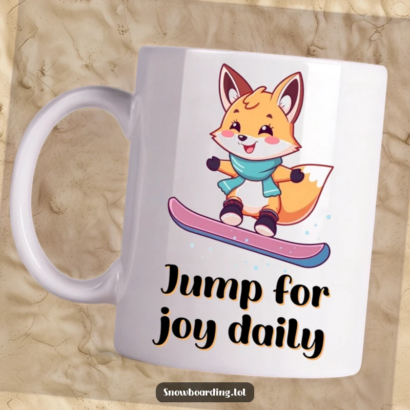 Funny mug featuring a smiling fox mid-air, performing a playful jump on a snowboard with a cheerful and funny expression.