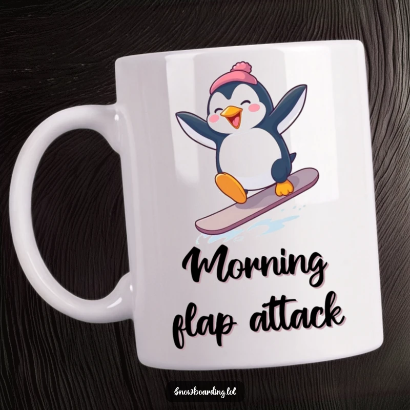 Funny Penguin Snowboarder Mug: A penguin hilariously attempting to jump on a snowboard, arms flailing wildly.