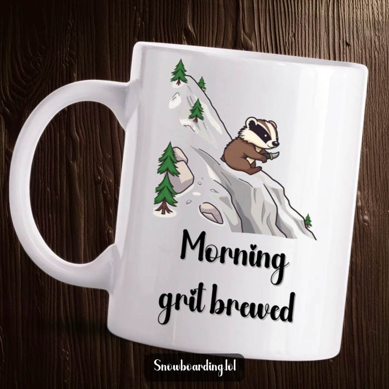 Funny mug featuring a brave badger confidently carving smooth turns down a snowy mountain on a snowboard.