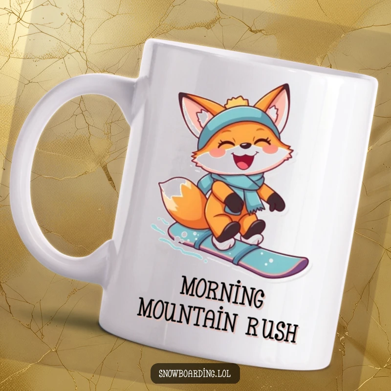 Funny mug depicting a joyful fox mid-air on a snowboard, grinning wide with exhilarating freedom and snowy spray.