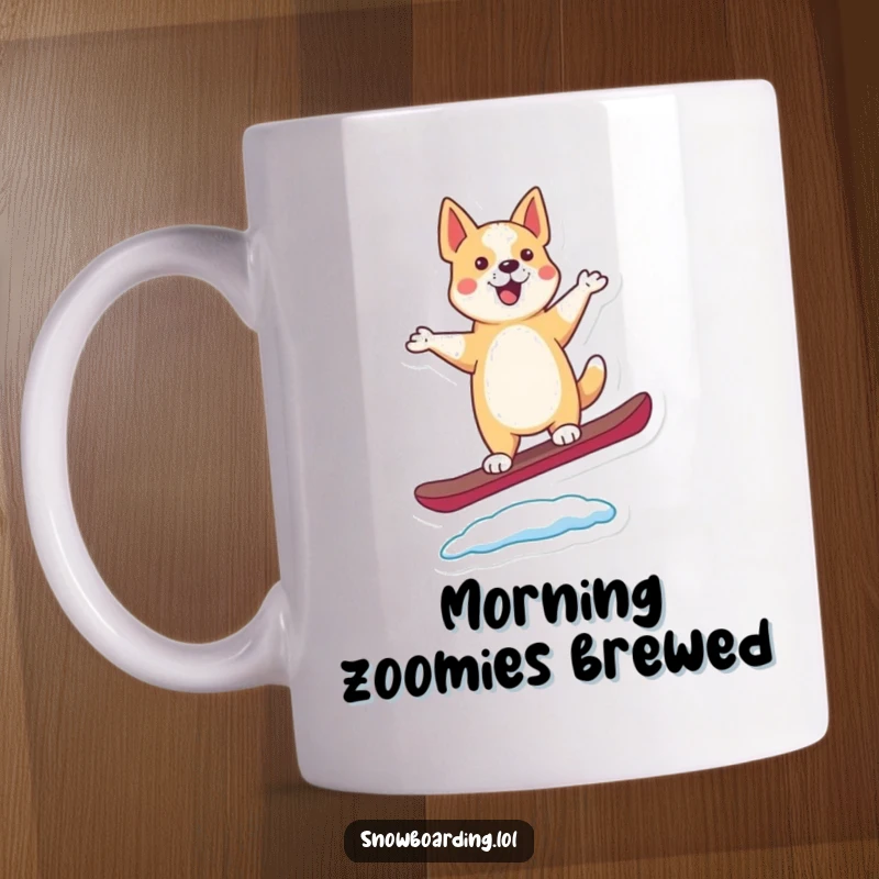 Funny mug with a happy, dancing dog perfectly balancing on a snowboard, tail wagging with excitement.