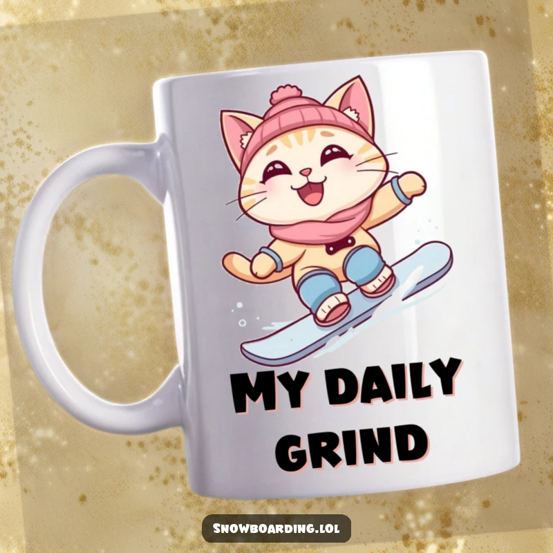 Funny mug showing a curious cat grinning while carving a turn on a snowboard, full of playful skill.