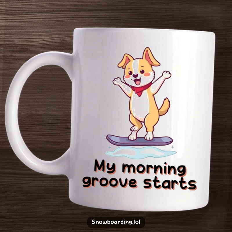 Funny mug featuring a happy dancing dog perfectly balancing on a snowboard with a wagging tail, ready for a downhill adventure.
