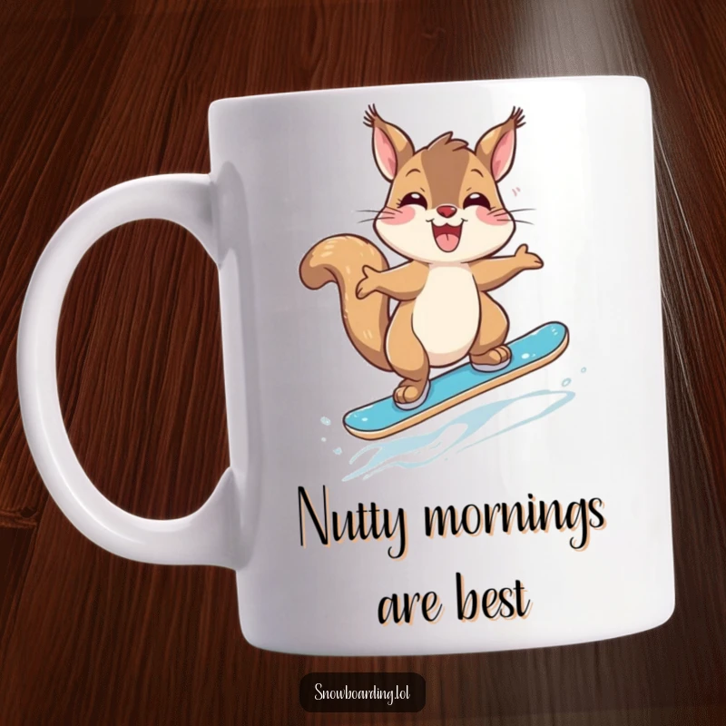 Funny Giggling Squirrel Snowboarder Mug: A joyful squirrel attempting a jump on a small snowboard, perfect for coffee lovers.