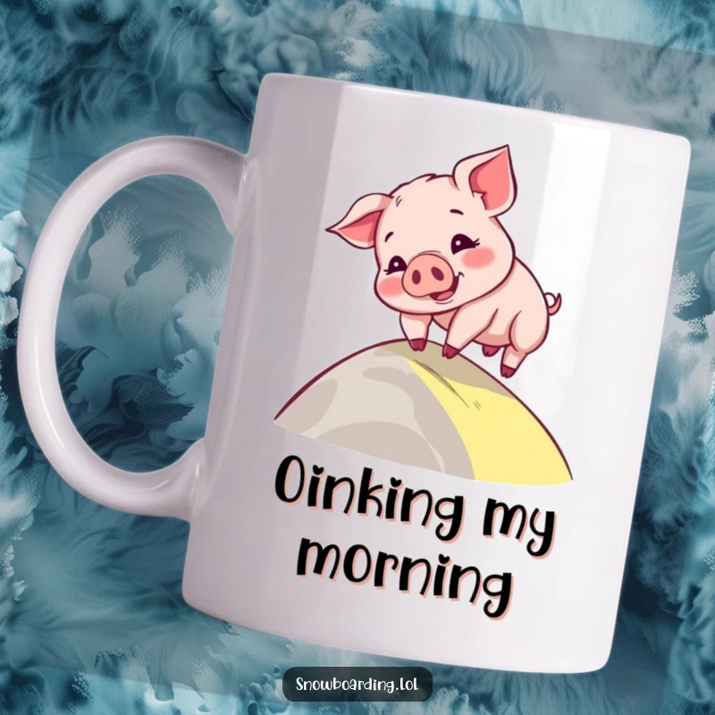 Funny mug showing an adorable, playful piglet comically wobbling down a gentle slope, a cartoon character full of charm.