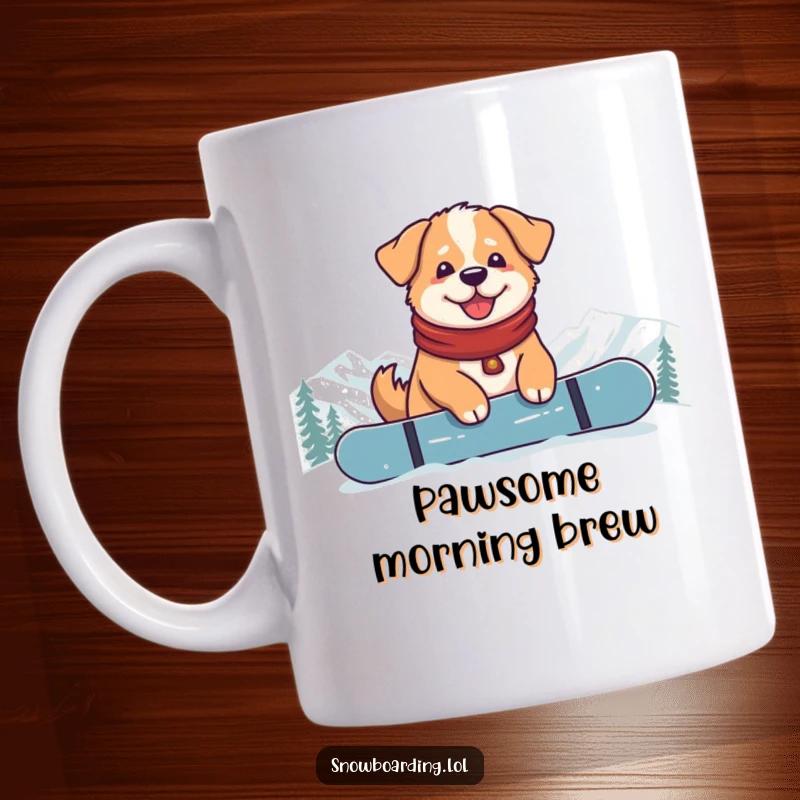 Funny Content Dog Snowboarder Mug: A happy dog sitting relaxed on a snowboard at the mountain top, enjoying the view.