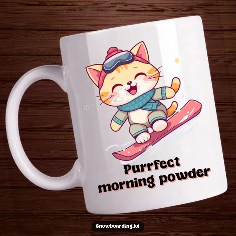 Funny cat snowboarder mug, joyfully carving down a snow-covered slope with a big, happy smile, capturing pure winter excitement.