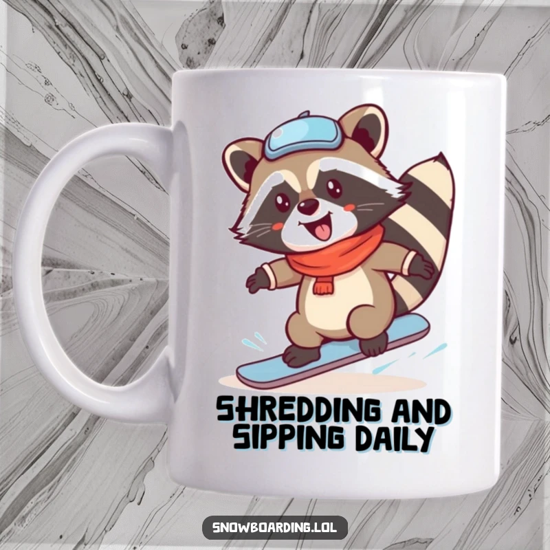 Funny Raccoon Mug performing an epic snowboard spin with pure glee, capturing a moment of wild winter exhilaration.