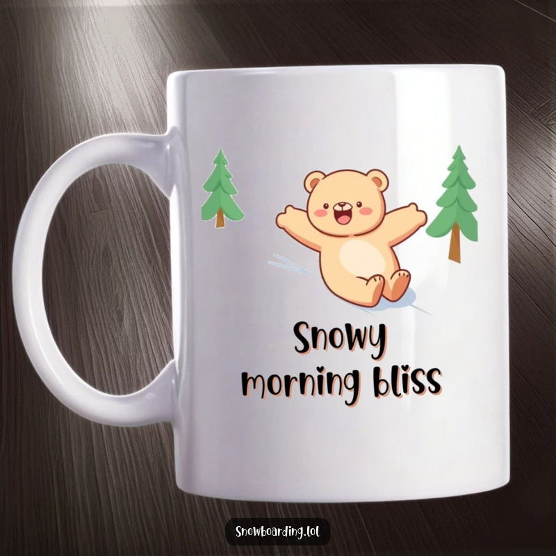 Funny happy bear sliding down a snowy slope with arms outstretched, embodying pure winter joy and carefree fun.