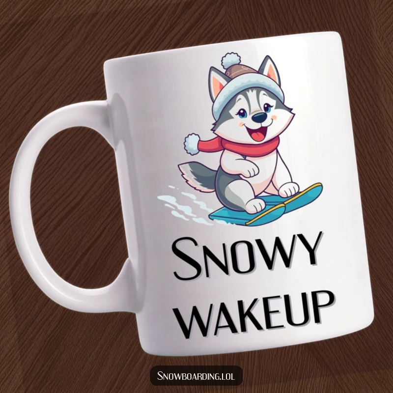 Funny husky snowboarder mug, a cheerful dog wears a winter hat, speeding down a snowy slope. Action-packed humor.