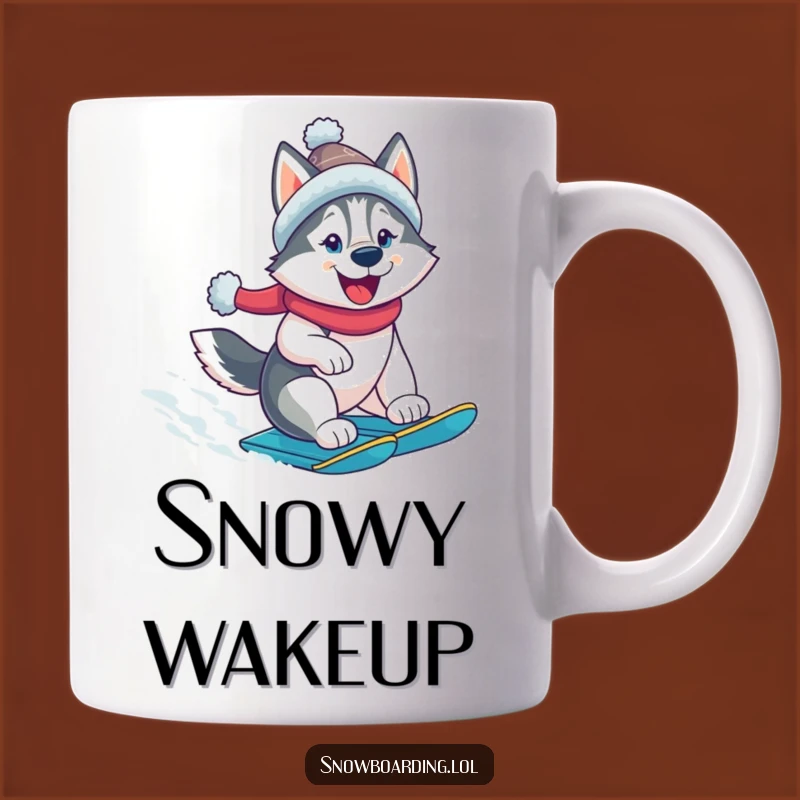 Funny Husky Snowboarder Mug: Cheerful Dog in Winter Hat, Extreme Fun Gift