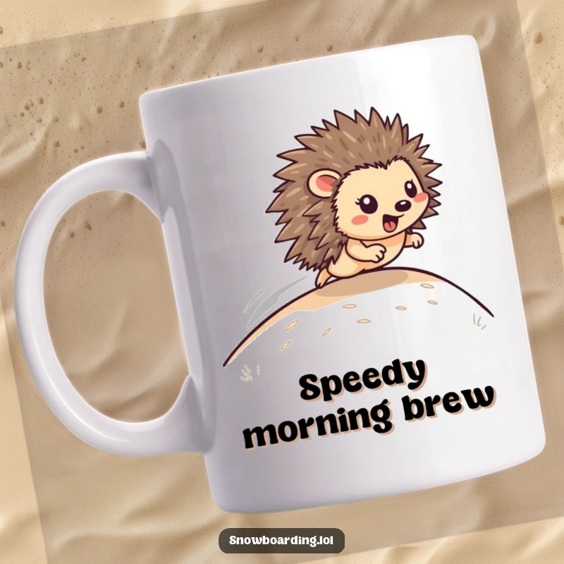 Funny Mug: A joyful hedgehog zooms down a steep hill with a determined smile, showcasing speed and fun.