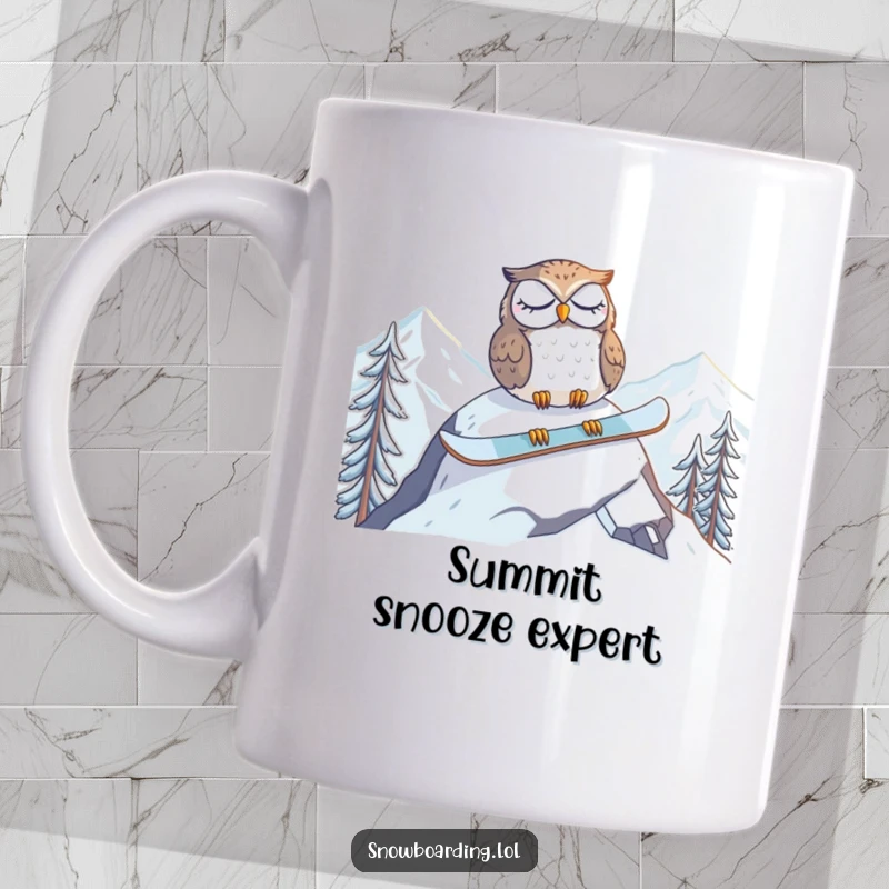 Funny mug featuring a tired owl napping on a snowboard at the mountain peak, capturing a moment of ultimate exhaustion and peace.