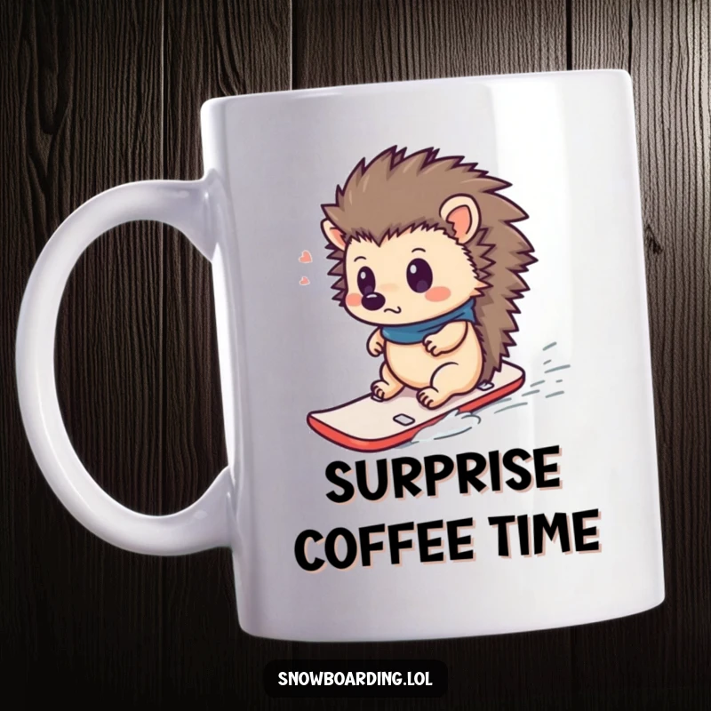Funny mug featuring a curious hedgehog looking surprised while riding a tiny snowboard down a snowy slope, full of wobbly adventure.