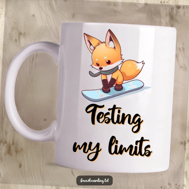 Funny curious fox cautiously testing the edge of its snowboard, conveying hesitant winter sports fun.