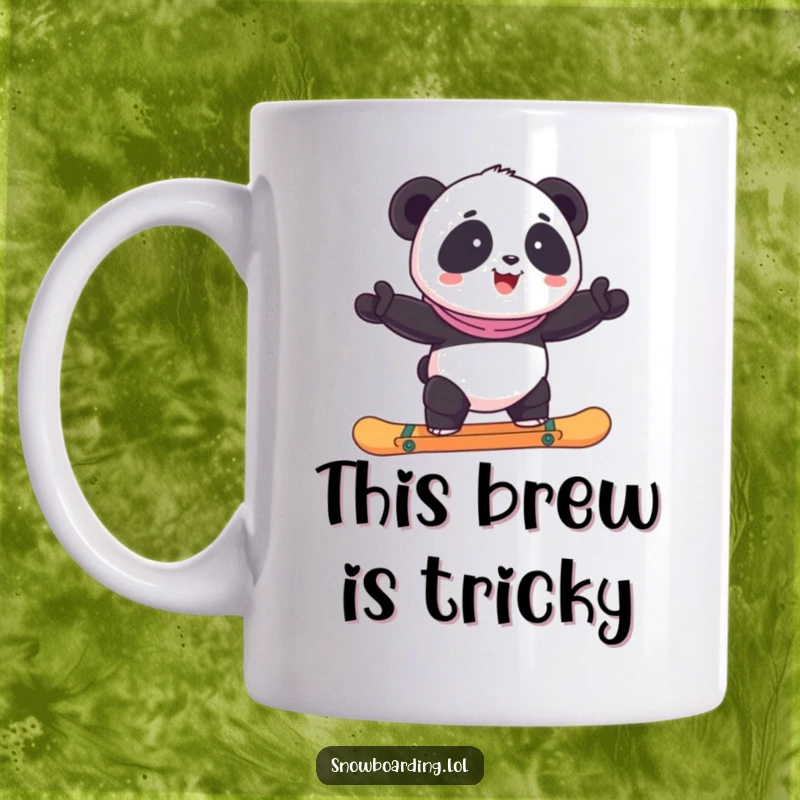 Funny happy panda balancing precariously on a snowboard, looking determined yet comical, on a mug.