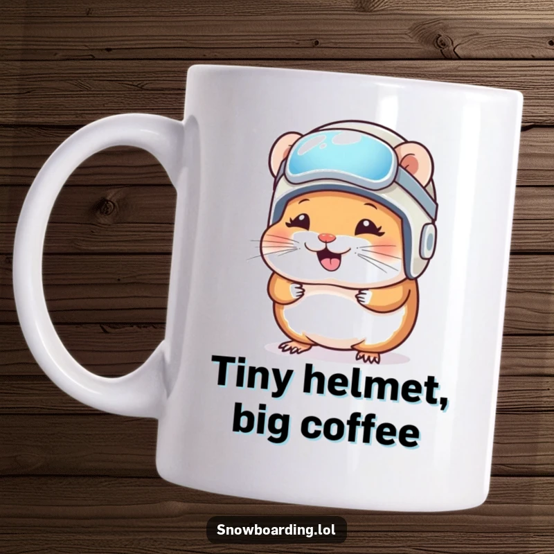 Funny Mug: A tiny hamster with a big giggle wears a small snowboard helmet, ready for winter fun.
