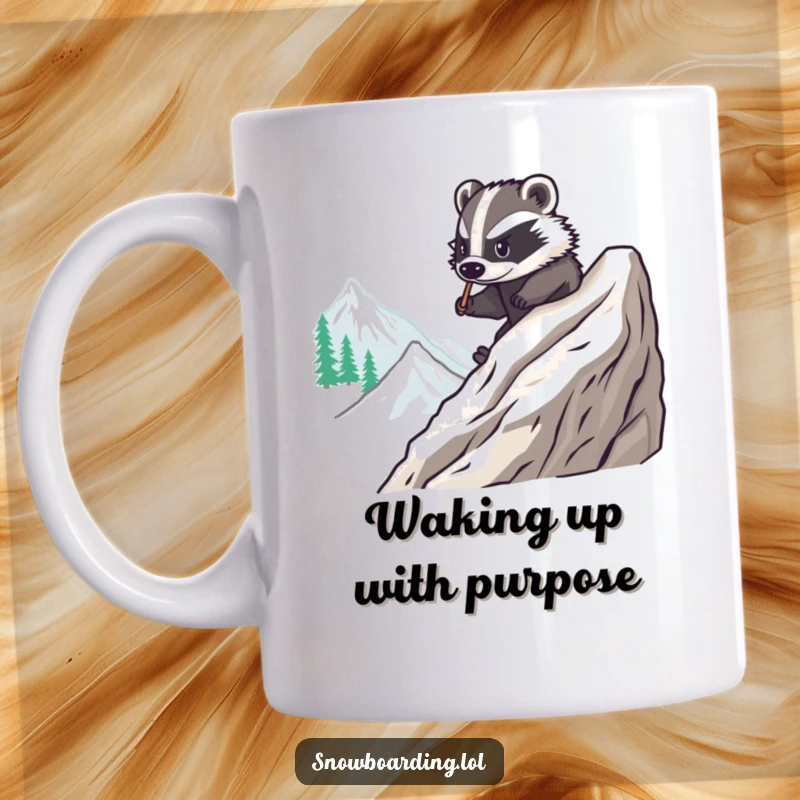 Funny mug featuring a brave badger expertly carving smooth turns down a snowy mountain on a snowboard, showing impressive skill.