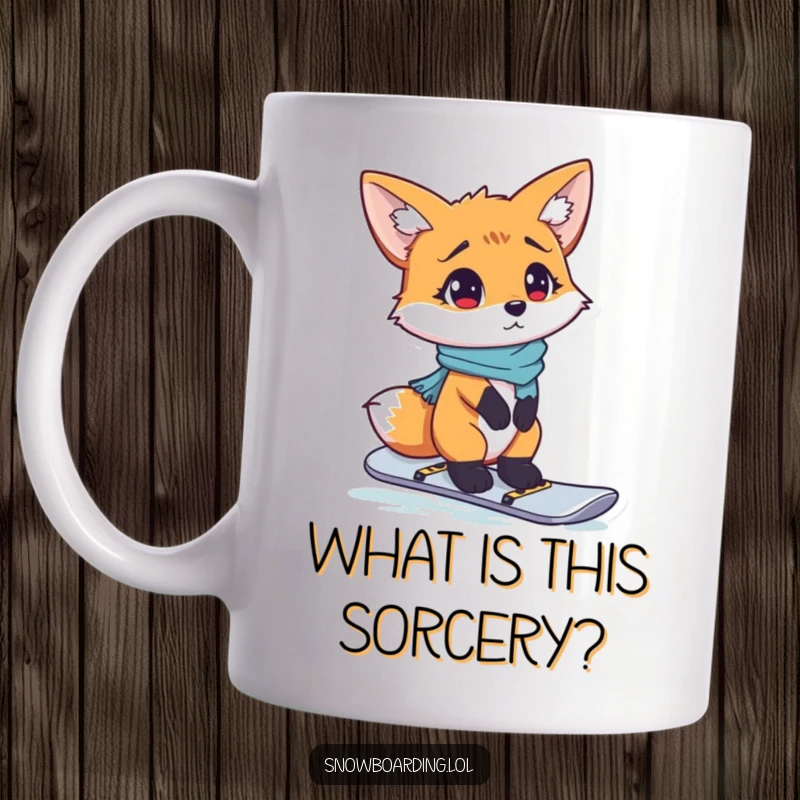Funny mug featuring a red fox with a thoroughly confused expression, awkwardly standing on a snowboard.